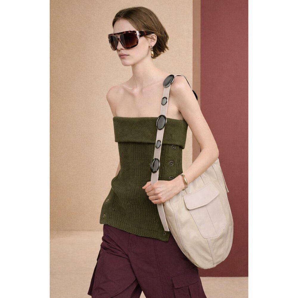 Zara SRPLS Womens Sweater Top M Green Ribbed Knit Cotton Strapless 3039/447 NWT